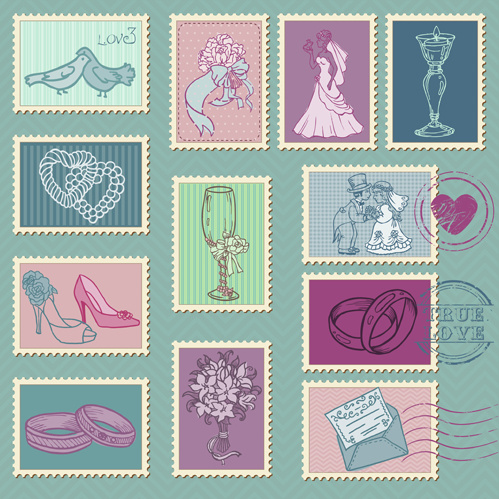 Wedding With Love Postage Stamps Vintage Vector