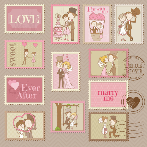 aşk posta pulları vintage vektör ile düğün