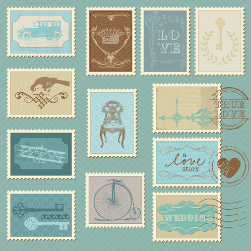 aşk posta pulları vintage vektör ile düğün