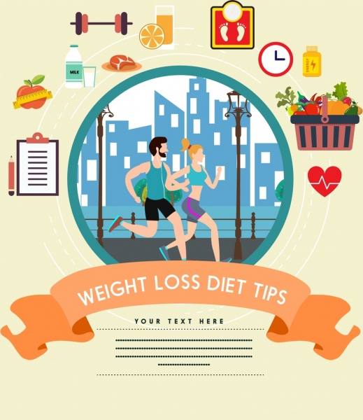 Pérdida de peso consejos de dieta iconos de bandera de estilo de vida saludable