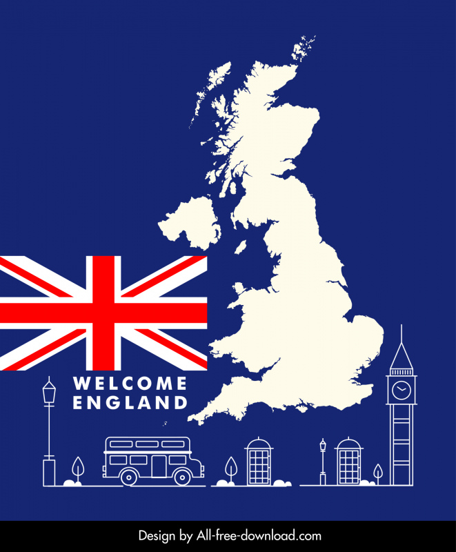 Welcome England Poster Flache Karte Silhouette Symbole Elemente Skizze