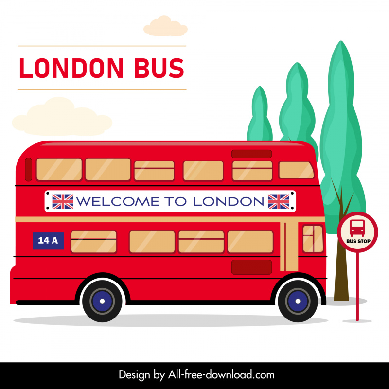 런던 포스터 버스 및 버스 정류장 플랫 스케치에 오신 것을 환영합니다.