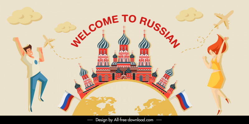 Selamat datang di spanduk Rusia orang-orang yang gembira arsitektur istana globe pesawat sketsa