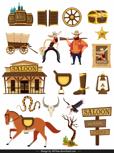 Westliche Cowboy Design Elemente farbige klassische Symbole Skizze