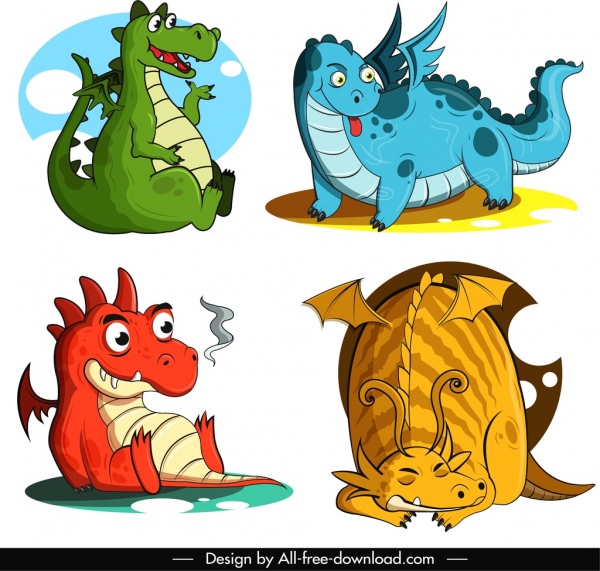 Icônes de dragon occidental croquis de personnage de dessin animé drôle