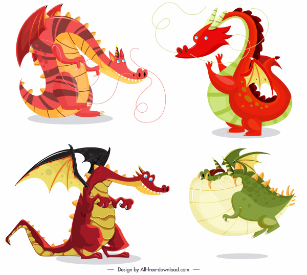 ícones do dragão ocidental personagens engraçados dos desenhos animados design colorido