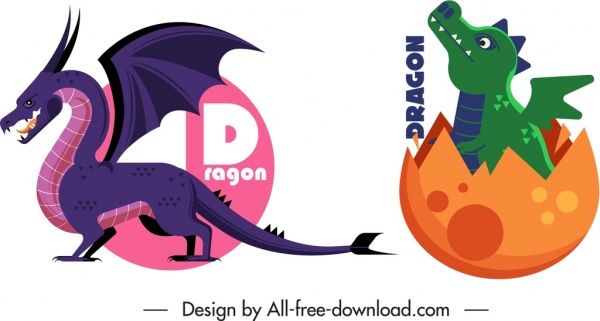 ícones ocidentais do dragão infante maduro esboço design dos desenhos animados