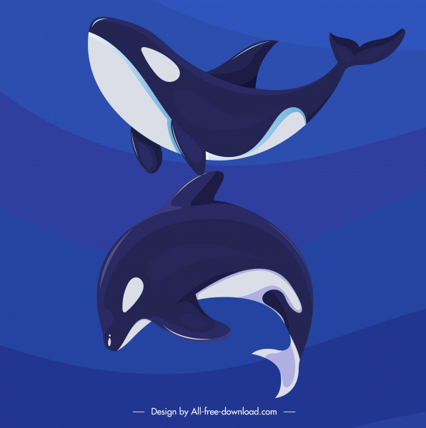Baleine icônes natation saut geste croquis de couleur foncée