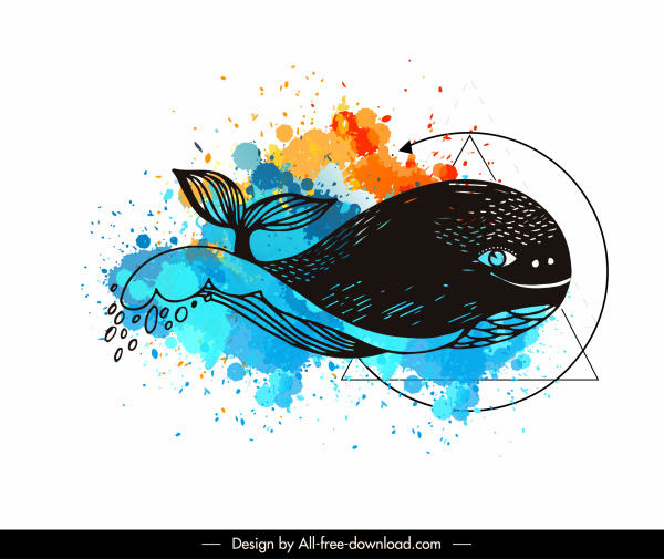 الحوت الوشم قالب رسم تخطيطي grungy ألوان المائية الديكور