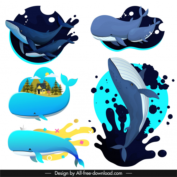 ikon ikan paus gerak sketsa desain berwarna
