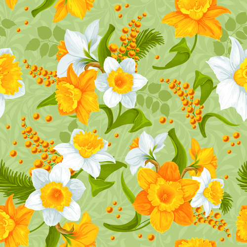 흰색과 노란색 꽃 벡터 원활한 패턴