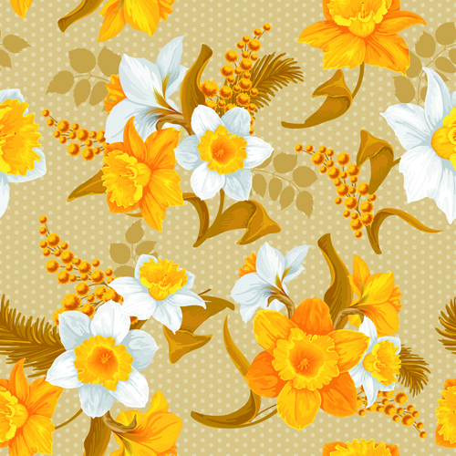 흰색과 노란색 꽃 벡터 원활한 패턴
