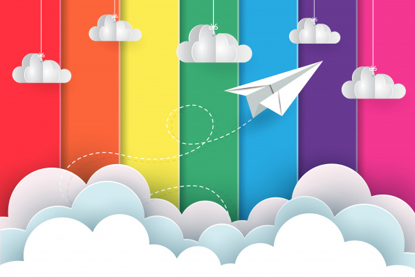 Weißes Papier Flugzeuge fliegen auf dem Hintergrund Regenbogen bunt, während fliegen über einer Wolke kreative Idee Illustration Cartoon Vektor