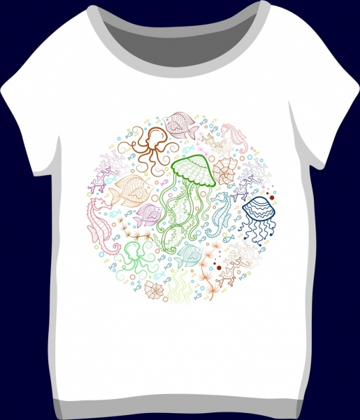 camiseta branca design decoração de ícones de criaturas marinhas