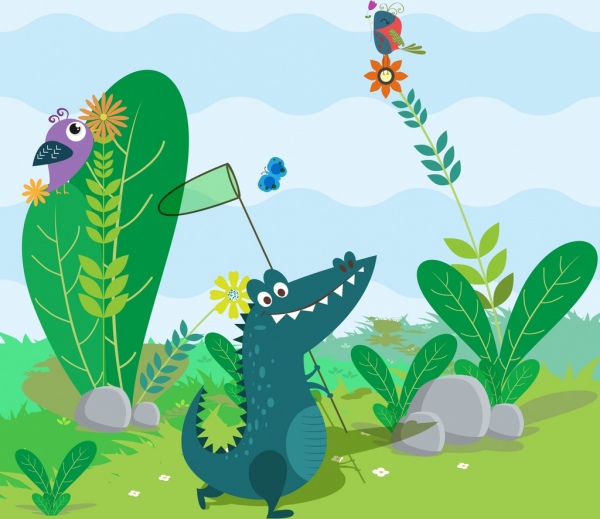 диких животных фон цветной мультфильм стилизованные крокодил значок