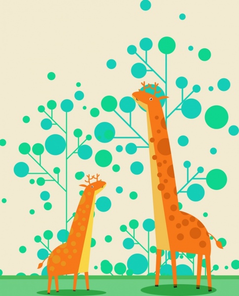 Wilde Tiere Zeichnung Giraffe Baum Symbole farbige cartoon