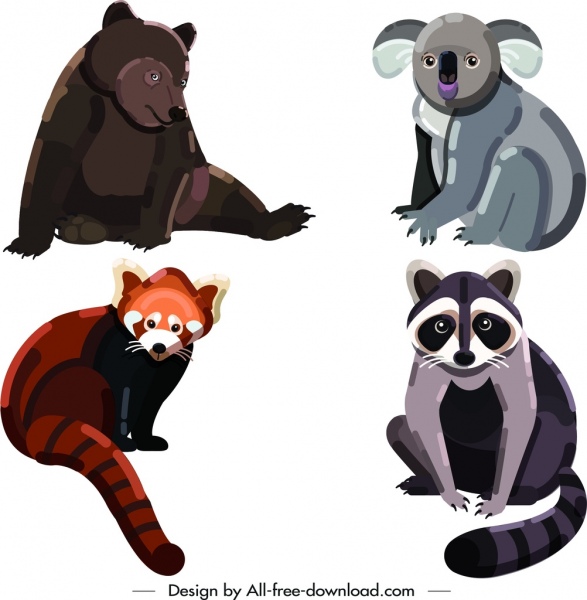 ícones animais selvagens urso Koala Weasel guaxinim símbolos