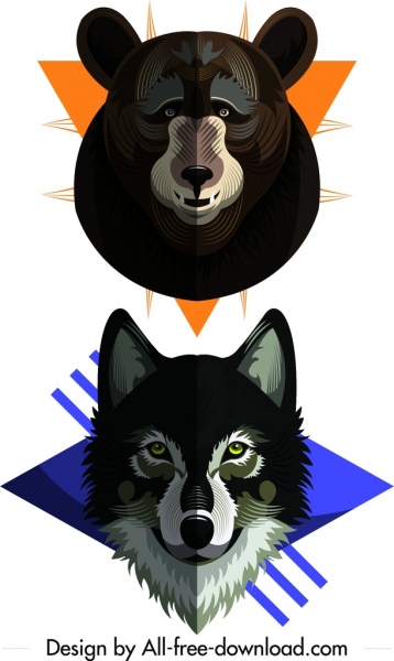 animais selvagens ícones urso lobo decoração chefes