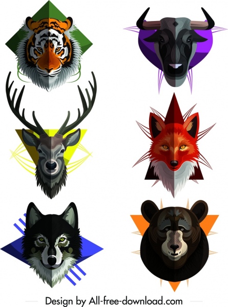 animais selvagens coleção ícones coloridos cabeças simétricas decoração