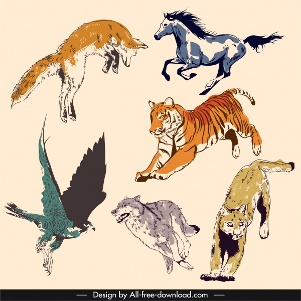 iconos animales salvajes gesto movimiento boceto dibujado a mano vintage