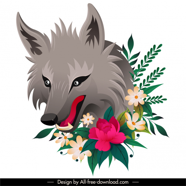 野生动物画狼花装饰五颜六色的手绘素描