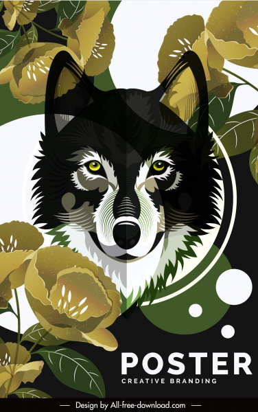 Poster động vật hoang dã sói phác họa trang trí hoa
