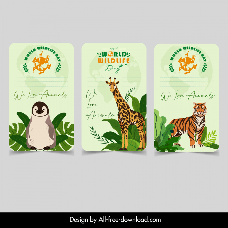 koleksi kartu perlindungan hewan liar spesies kartun meninggalkan dekorasi