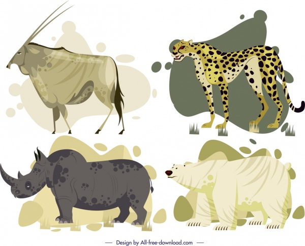 ícones de animais selvagens antílope leopardo esboço de urso rinoceronte