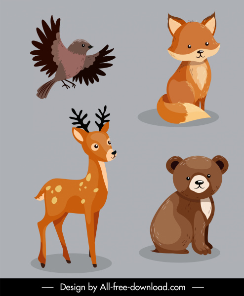 animales salvajes iconos zorro pájaro oso de reno boceto