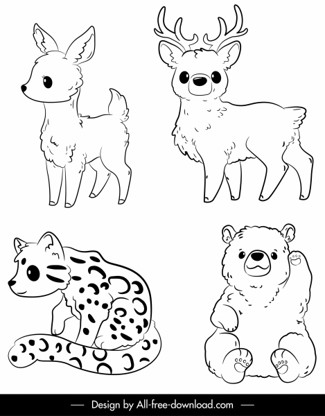 animales salvajes iconos blanco negro dibujado a mano bosquejo