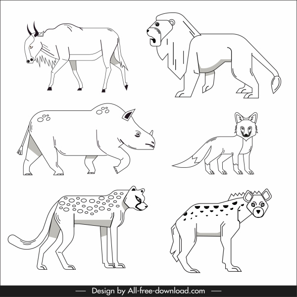 Wild Animals Icons Black White Handdrawn Sketch-vector Icon-free Vector  Free Download
