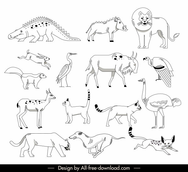 野生动物图标黑色白色手绘素描