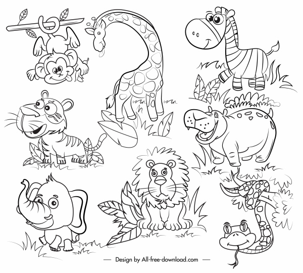 Wild Animals Icons Cartoon Design Black White Handdrawn-vector Icon-free  Vector Free Download