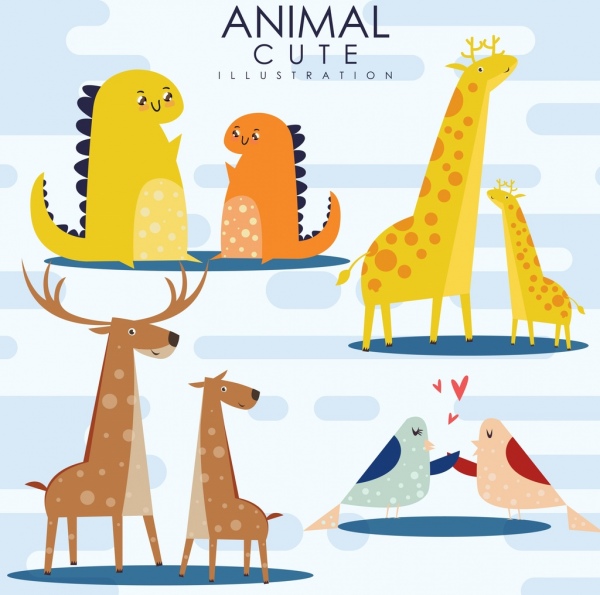 uccelli di animali selvatici icone dinosauri svegli giraffe renna