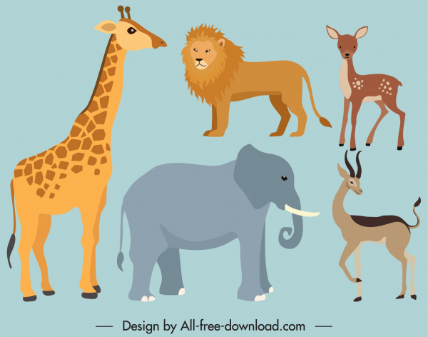 animais selvagens ícones esboço de desenho animado plano