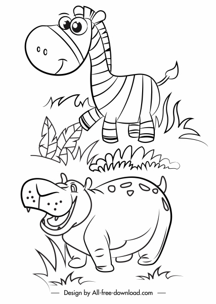 animaux sauvages icônes cheval hippopotame croquis de dessin animé