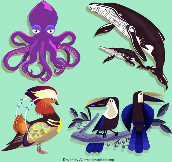 야생 동물 아이콘 문어 고래 조류 스케치