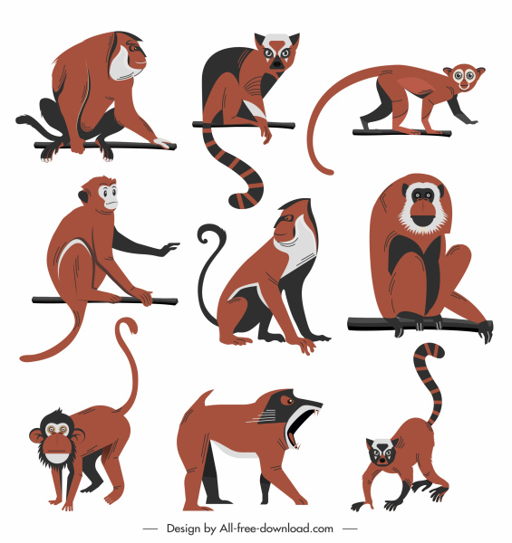 animales salvajes iconos primate boceto de dibujos animados coloreado bosque