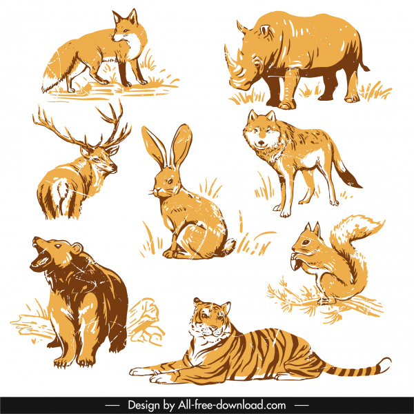 animales salvajes iconos retro dibujado a mano boceto