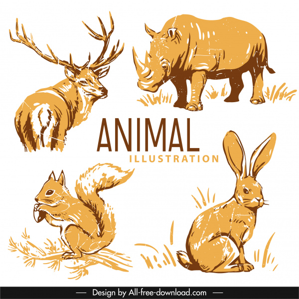 야생 동물 아이콘 복고풍 순록 코뿔소 토끼 다람쥐 스케치