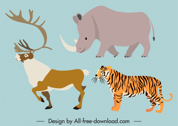 animais selvagens ícones rinoceronte tigre renas esboço