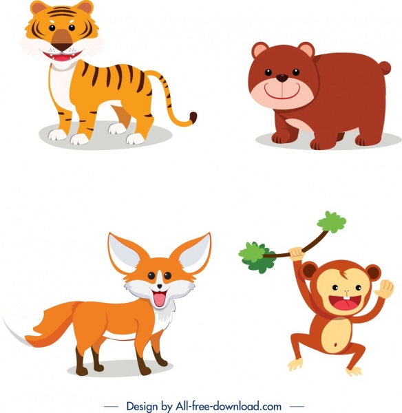 Tigre de ícones de animais selvagens urso raposa esboço de macaco