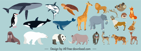 animales salvajes especies iconos de dibujos animados boceto