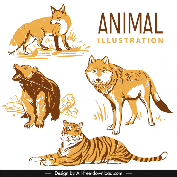 animais selvagens espécie ícones vintage desenhado à mão esboço