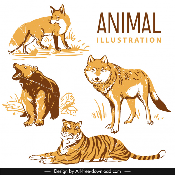 Wild Animals Species Icons Vintage Handdrawn Sketch