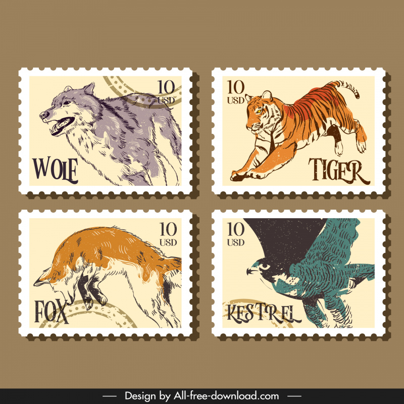 Templat perangko hewan liar sketsa retro gambar tangan dinamis