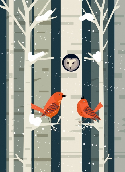 uccelli selvatici in inverno foresta icona appartamento design