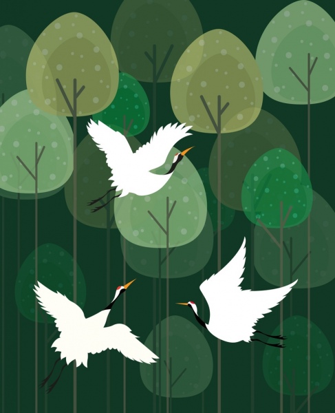 yabani kuşlar yeşil ağaçların dekorasyon çizim