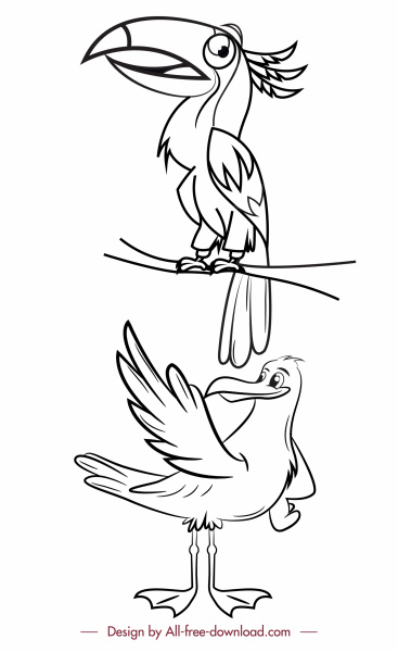 ícones pássaros selvagens preto branco desenho desenhado à mão