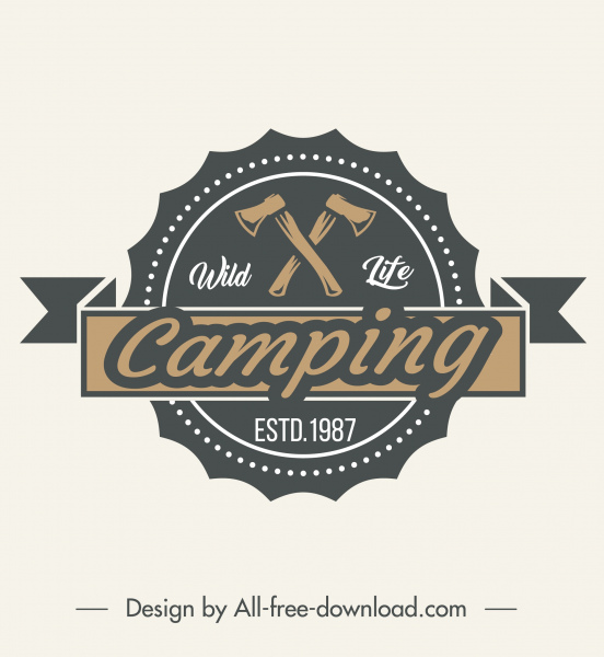 logotipo de camping salvaje tipo clásico ejes ribbon sketch